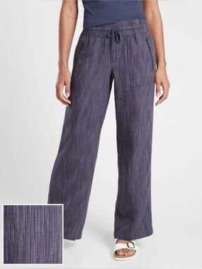 Athleta Cabo Linen Wide Leg Pull On Heathered Blue Pants small